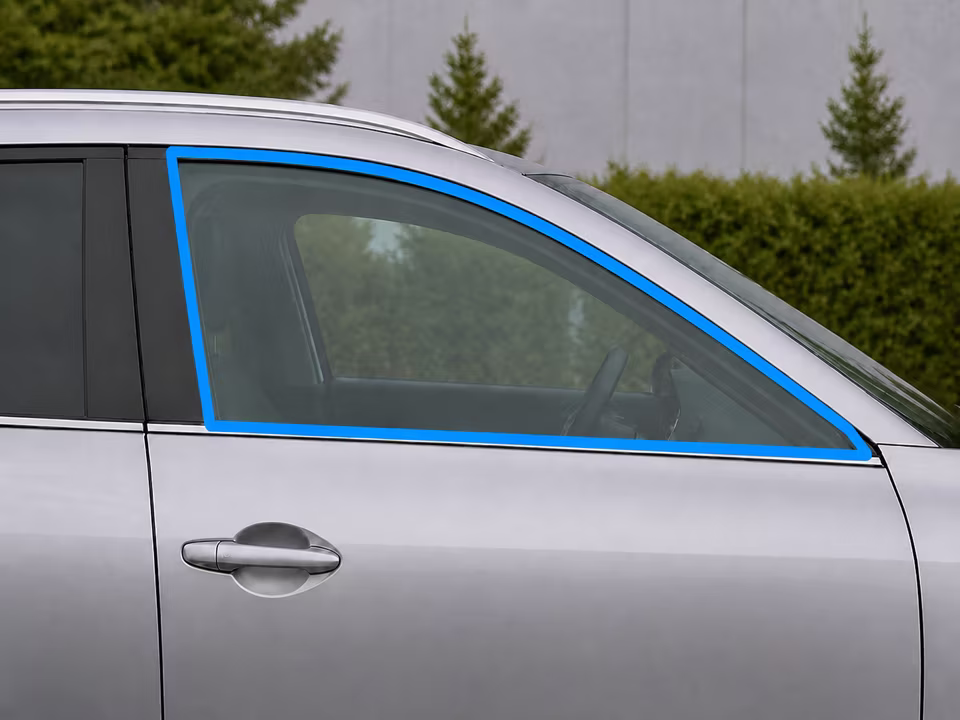 Centered front side door glass fully outlined in bright blue on a silver crossover