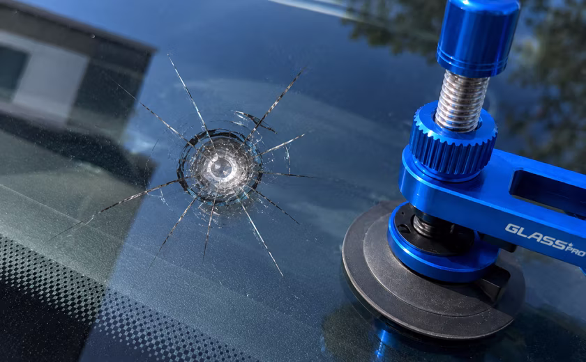 Large rock chip beside a blue repair tool