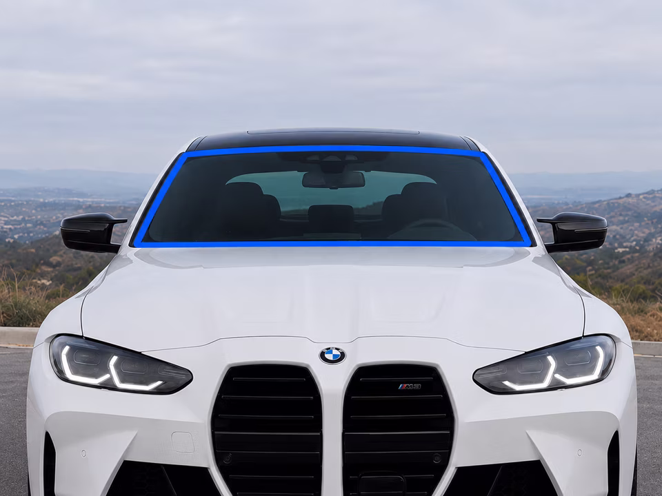 Front windshield outlined in blue on a white BMW