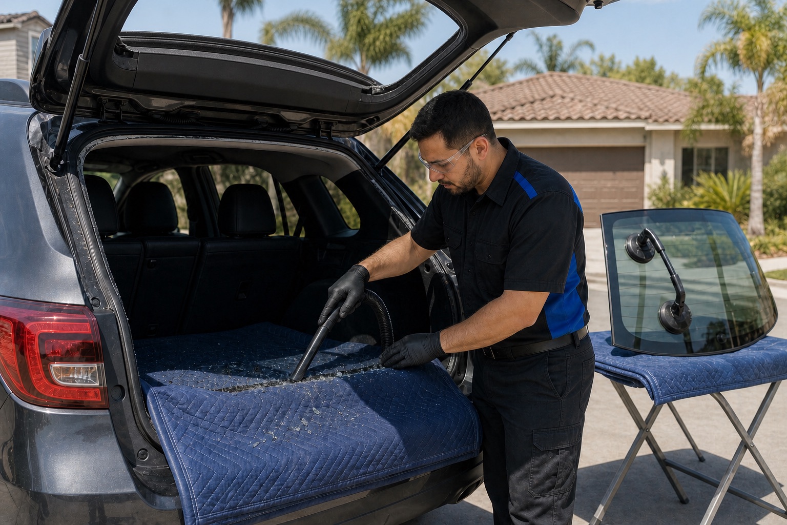 Teddy's Auto Glass technician safely cleaning broken rear glass before installing the replacement