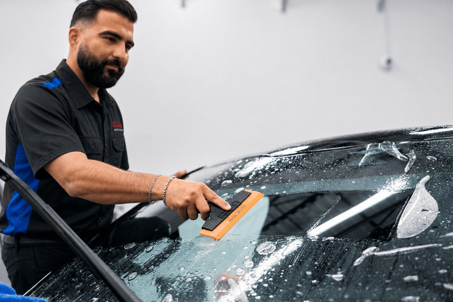 Teddy's Auto Glass technician installing clear windshield protection film
